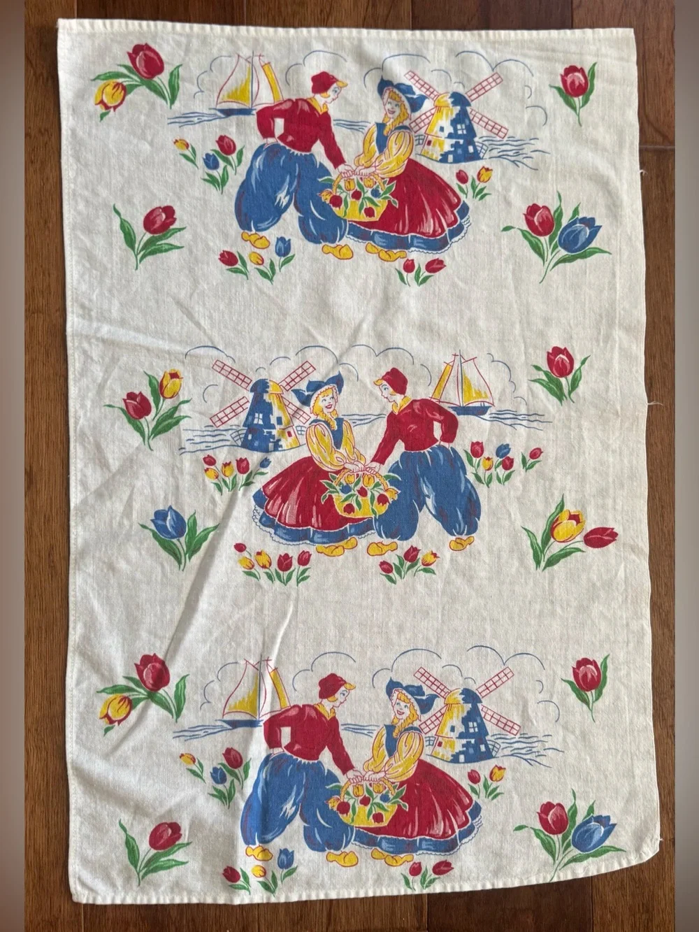 Vintage 1950’s Dutch Holland Tea Towel 17X26 Windmill Tulip Boy & Girl MCM